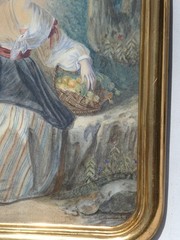 Antique Watercolor Portrait Elegant Young Woman With Fruit Basket Signed 1840s
