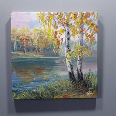 Autumn River Birch Trees Landscape Oil Painting Original Wall Art Canvas 8×8 in.