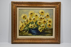 Vintage Art Painting Still Life Yellow Daisies Flowers Oil Board MCM Signed