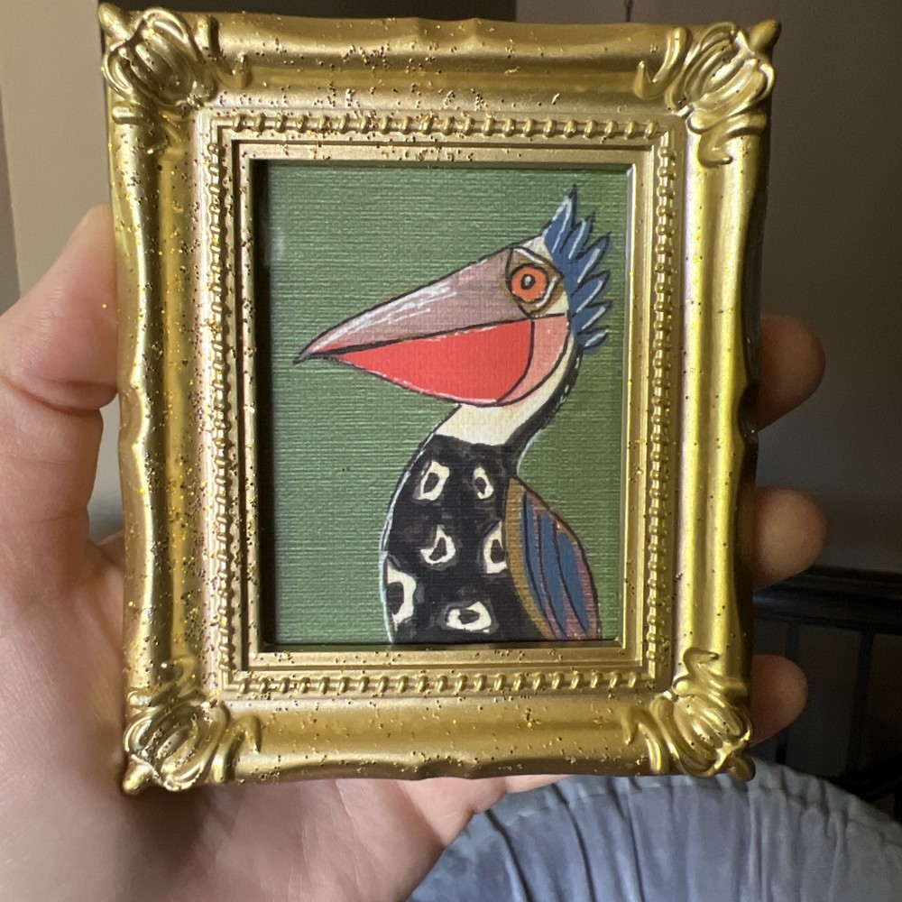 Print Of My Art Funny Pelican Bird funny,cute,miniature Painting,small, framed