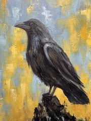 Raven Original Oil Painting Black Crow painting Crow Wall Art Bird Impasto Art