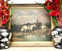 Painting Traveler with Horses Old World Style Vintage Art Oil on Canvas Signed