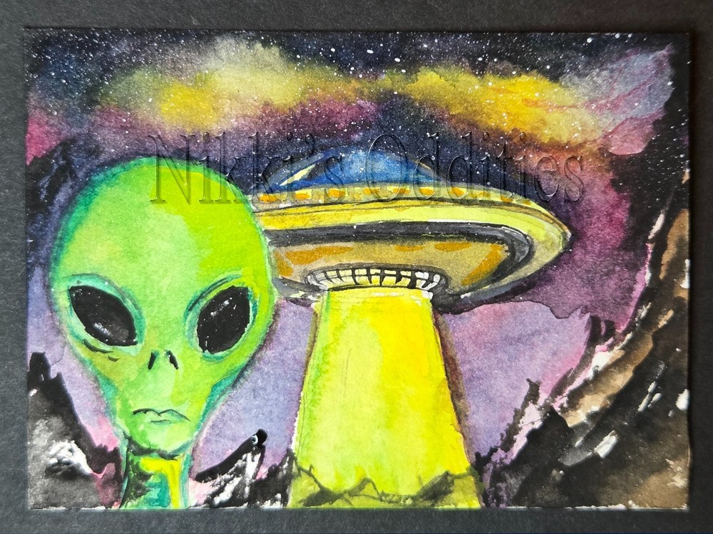 Aceo Original Watercolor Landscape Green Space Alien Spaceship Sci Fi Nikki C