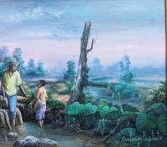 ORIGINAL HAITIAN ART PAINTING BY CARLOS JN. BAPTISTE FARMERS LANDSCAPE HORSES 24