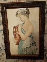 Neo classical Greek Influence 1900s water color Goddess w Ewer framed w glass