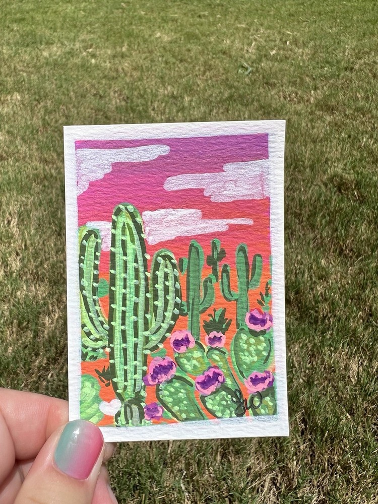 Original ACEO Cactus Sunset Painting Mini Desert Landscape OOAK Tiny Art