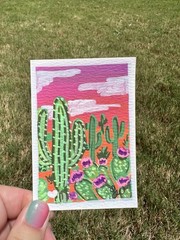 Original ACEO Cactus Sunset Painting Mini Desert Landscape OOAK Tiny Art