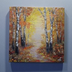 Autumn Forest Path Oil Painting Original Birch Trees Woodland Wall Art Decor 8×8