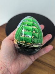 Hand Painted Seascape Ship Lighthouse Nautical Wooden Egg 3.5″h L Signed