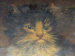 Antique Kitten Cat Oil Painting on Canvas Marked Rue Du Marc Paris on the Back