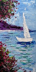 Amalfi Coast Sailboat Original Oil Impasto Painting Italian Seascape 8 x 16 in