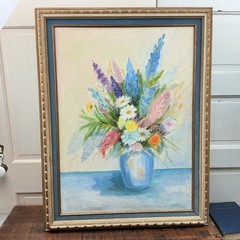 Vintage Oil Painting Still Life Floral Bouquet Pastel Fresh Flowers Framed Signd