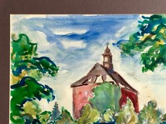 Vintage Modernist Watercolor Painting Spanish Church Buildings Mystery Artist