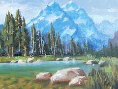 TOM HAAS painting ‚Coulter Bay‘ oil 9″x12″ Wyoming Tetons mountains lake forest
