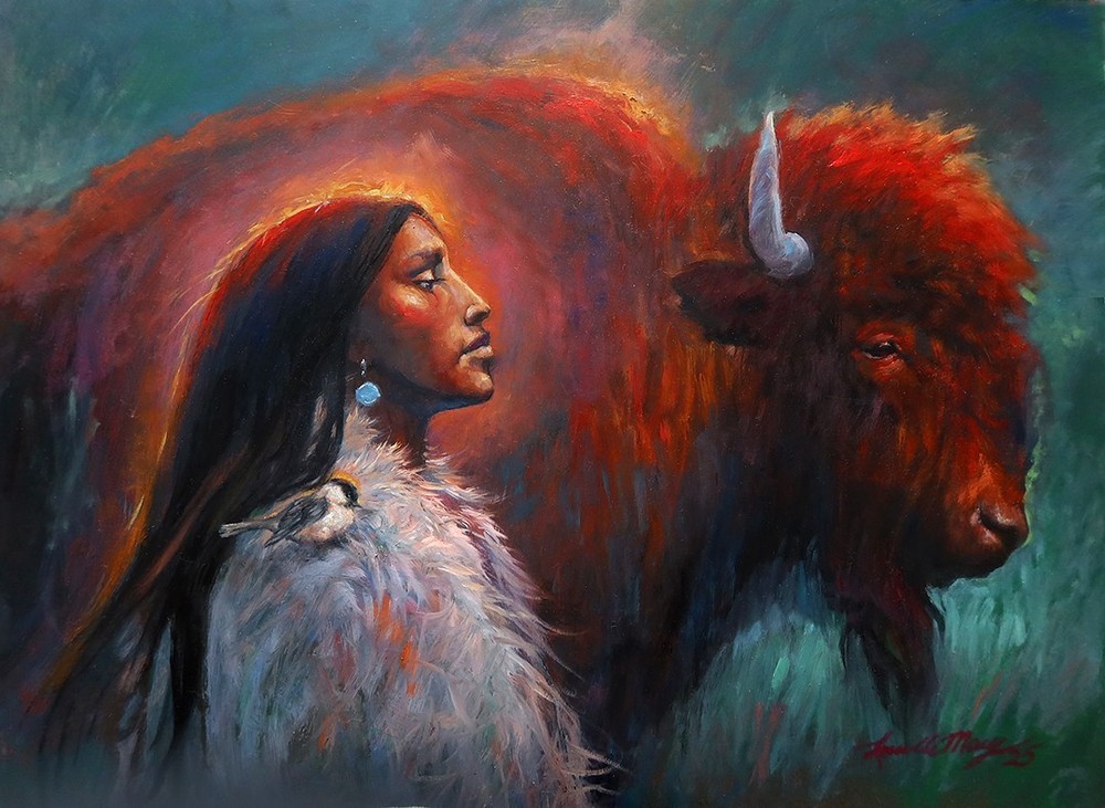 Original Oil Painting BUFFALO BULL FIRE Native WESTERN WOMAN Chickadee SUN GLOW