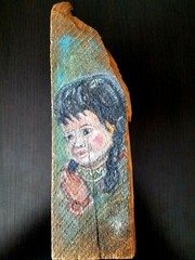 1960 Folk Art Native Praying Girl Female Child Color Portrait – Portrait on Wood