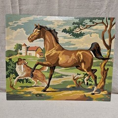 Estate Find 1957 Vintage Paint-by-Number Equestrian Horse & Collie Dog Painting