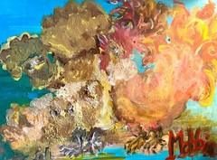 Mobo Signed Abstract Rooster Chicken Animal Painting on Canvas, Unframed