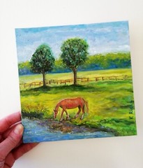 Oil Painting Original Horse Canvas Landscape Farm Animal River Pasture Equine