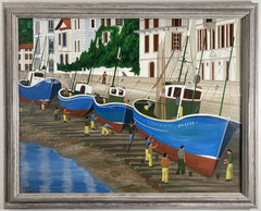 Vintage Original Oil Painting Seaside Landscape Fishing Boats Signed Fanch Ledan