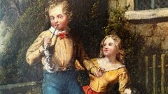 William Sanford Mason 1824-1864 Oil painting Children Blowing Bubbles by Cottage