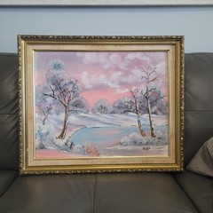 Serene winter landscape with snow-covered trees and a frozen lake 16″20″ Signed