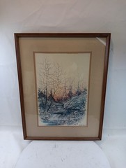 VTG Oil on Cardboard Custom Framed Painting Landscape Trees Creek Artwork