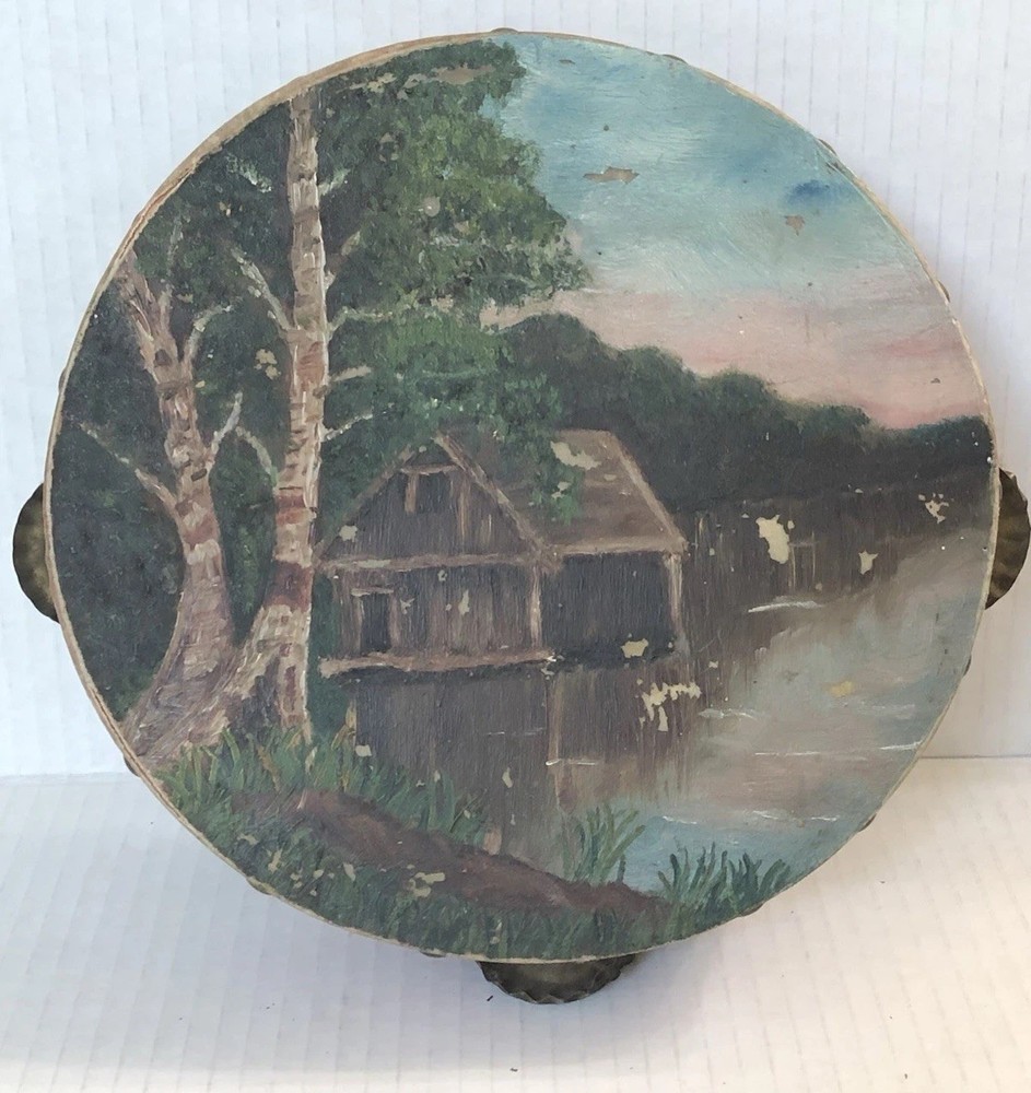 ANTIQUE PAINTED TAMBOURINE Drum Cabin Woods PORTRAIT DECORATIVE INSTRUMENT Music
