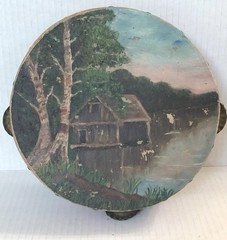 ANTIQUE PAINTED TAMBOURINE Drum Cabin Woods PORTRAIT DECORATIVE INSTRUMENT Music