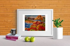 Original Painting Norway Mountain Norwegian Landscape Artwork Houses USA Art