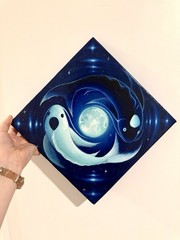 Tui & La – Yin Yang Fish Moon Acrylic Pendant Painting on Canvas 10×10