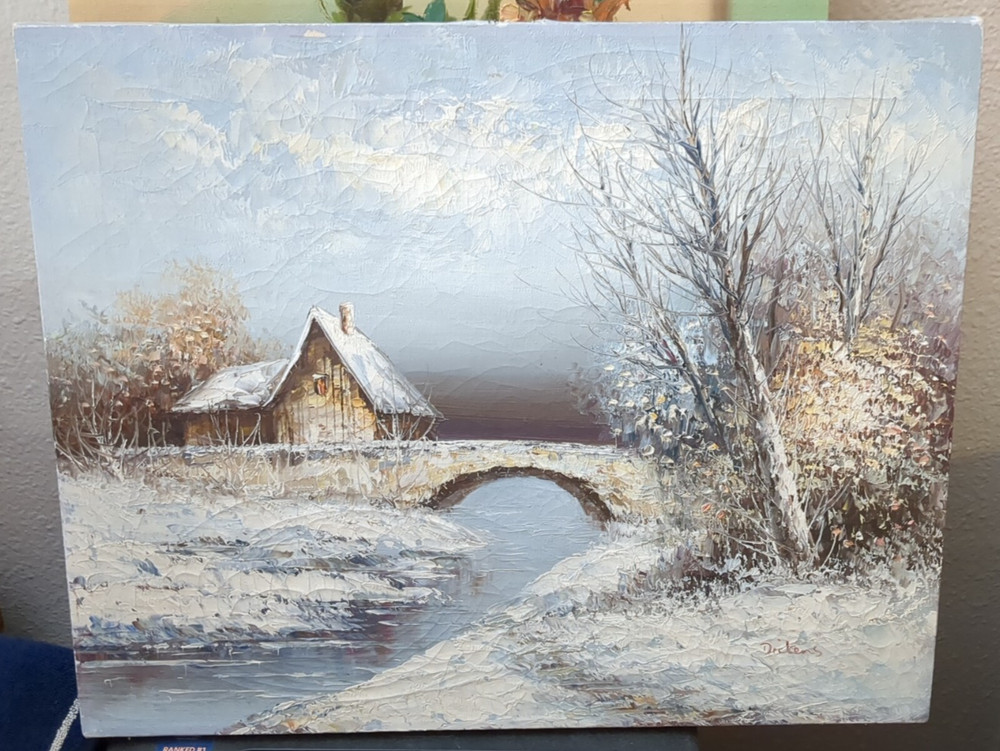Vintage original painting 16×20″ Snow covered cabin with creek and stone bridge