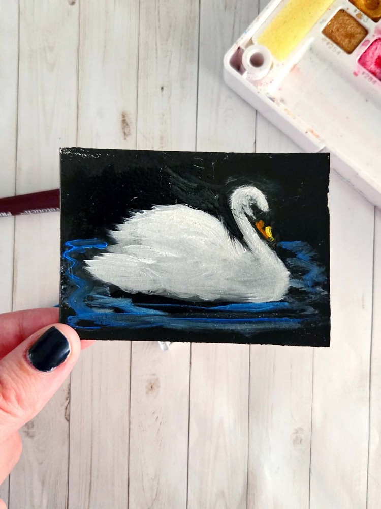 Original ACEO Graceful Swan Oil Painting, OOAK, Signed & Dated, Rose Petal Art