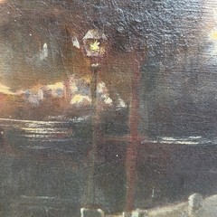 Signed Edward Moran Oil On Artists Board Of Ships At Dusk Dockside In A Harbor