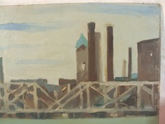 Antique 1933 Donald Greason Milltown on Merrimac Landscape Painting