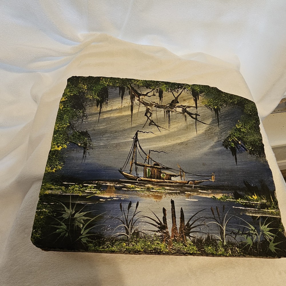 New Orleans Bayou Boat Painted On Slate. Signed By Artist. 10×8.5 In