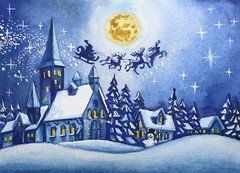 Watercolor Painting Winter Snow Christmas Santa Sleigh Reindeer ACEO Art No.350