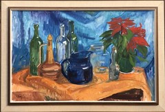 Unknown Expressionist – Still Life with Flowerpot Bottles Jug … 104 x 72 cm