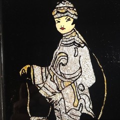 Reverse Painted Glass Foil Tinsel Art Panels Japanese Figures Pair 1910s-40s