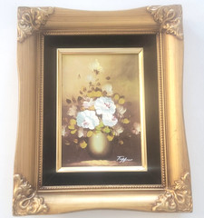 Vintange Original Oil Painting White Flowers Unique Gold Frame 8 x 12