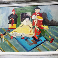 Large Midcentury Oil Painting, Still Life with Dolls – Signed Frances van Loan