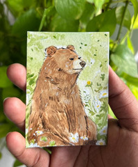 ACEO Original Watercolor Painting Brown Bear Wildflowers Wildlife Art OOAK