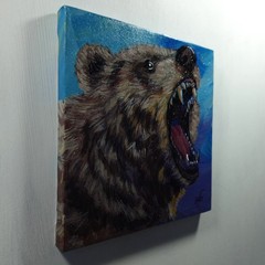Original Acrylic Painting Roaring Grizzly Bear Portrait Small Hand Painted Art