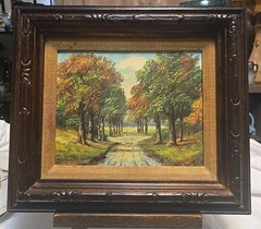 OOAK Vtg Serene Scenic Fall Tree Lined Rustic Country Road Painting Folk Art