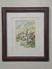 VTG Original Watercolor Painting Rustic Old World Village In Mountains Signed