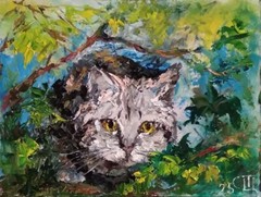 Painting „Cat“. Oil on cardboard. Palette knife. 5×7 inc. Handmade. 2025. Unfram