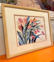 Original Watercolor Blue & Pink Hues Tulips Signed California Artist Karen March
