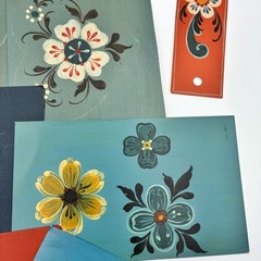 Vtg Hand Painted Rosemaling Samples Lot of 16 on Scrap Paper Cardboard Folk Art