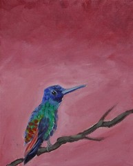 ShawNshawN Original painting – bird pink red blue tree branch art coa