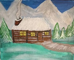 Cabin, Mountains, Snow Acrylic Painting on Canvas, Small, Original, Unframed
